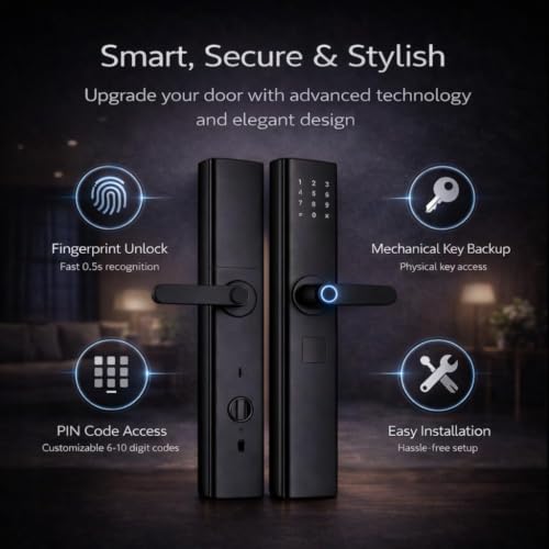 Image of AERYS Smart Door Lock | 4-in-1 Digital Lock with Fingerprint, RFID, PIN & Key | Triple Cylinder Security (3X Safer) | Black | Main Door Lock for Home & Office | 3-Year Warranty + Free Installation