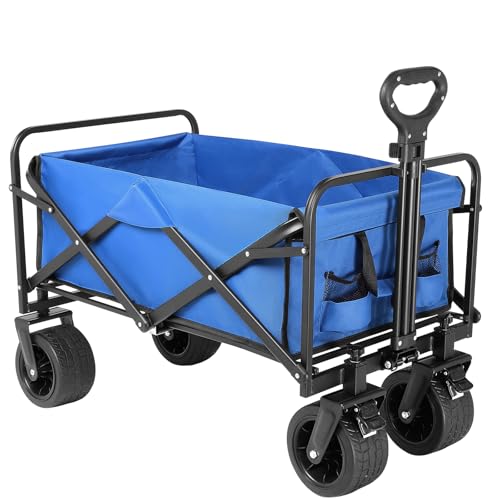 ZOMEYLPO Beach Wagon with Big Wheels for Sand,Collapsible Folding All Terrain Utility Wagons Carts Foldable with Brakes for Sand Camping Sports Outdoor,Blue.