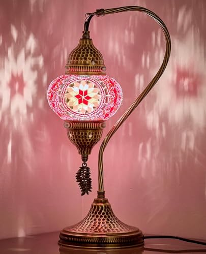 DEMMEX Lampe mosaïque turque - Fait main en Turquie - Lampe de table ou de chevet artisanale en verre et métal martelé - Ambiance orientale, cadeau décoratif unique, 38 cm (rose)