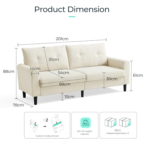LINSY HOME Sofa 3 Sitzer, 201cm Breit Sofas mit Verstellbarer Sitztiefe, Kleine Sofacouch für Wohnzimmer Schlafzimmer Wohnung Büro - Beige – Bild 3