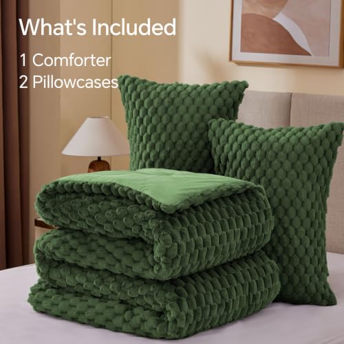 Image of BEDELITE Fluffy King Comforter Set, Olive Green Fleece Bed Set 3 Pieces
