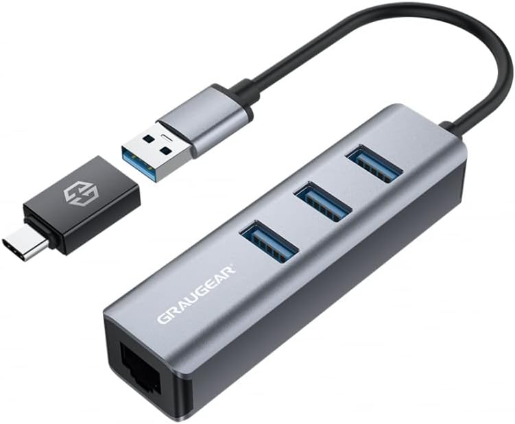 GRAUGEAR | 3 Ports USB 3.0 HUB + Gigabit Ethernet LAN RJ45 | USB-C | USB-A | Aluminium Housing | USB Type-C Adapter | USB LAN Adapter | G-HUB31L-A, Grey