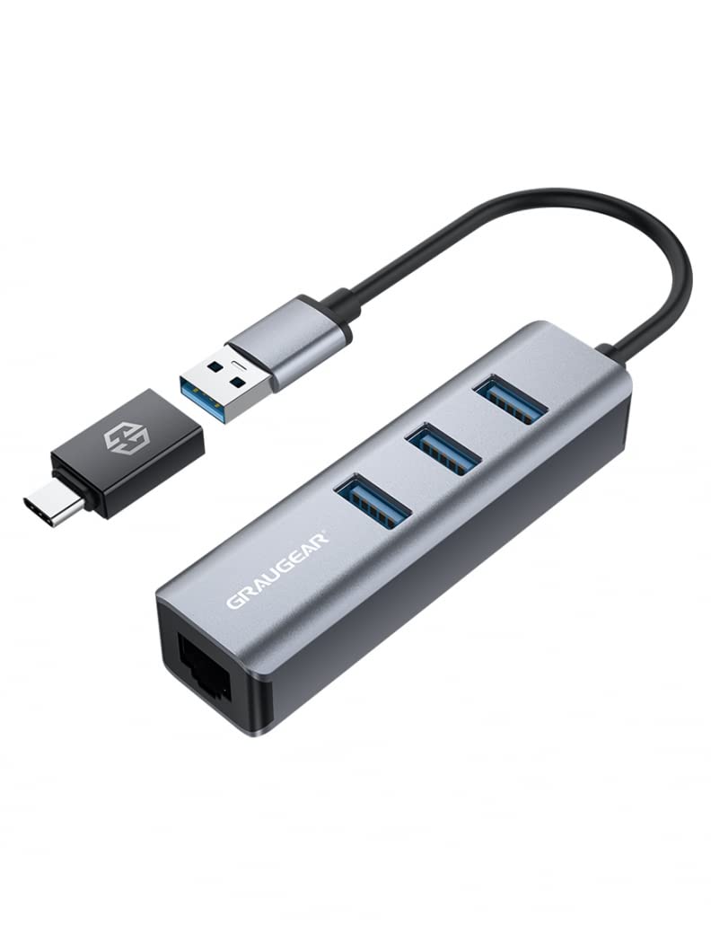 GRAUGEAR 3 Ports USB 3.0 HUB + Gigabit Ethernet LAN RJ45 | USB-C | USB-A | Aluminium Housing | USB Type-C Adapter | USB LAN Adapter | G-HUB31L-A, Grey