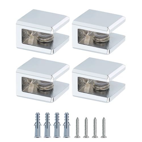Mooche 4 Pièces Pince à Verre Carrée en Alliage de Zinc pour Étagère, Support Universel pour Verre de 3 à 6 mm, Fixation Murale Invisible du Verre...