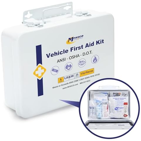 MFASCO Vehicle First Aid Kit - DOT/ANSI/OSHA Compliant - Metal - Portable & Mountable - Waterproof - First Aid Kits for Businesses, Construction, Commercial Vehicles, Workplaces - 115 Pcs Cover
