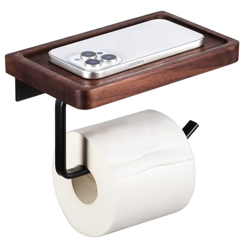 Toilet Paper Holder with Wood Shelf, Wooden Wall Mount Adhesive
