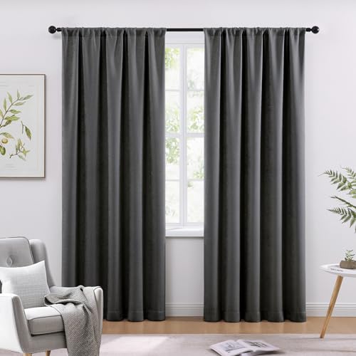 WRENSONGE Blackout Curtains for Bedroom, Dark Grey Blackout Curtains 84 Inch Long for Living Room Windows Kitchen Room, Easy Rod Pocket Curtain Modern Room Darkening Curtains 2 Panels Set Da
