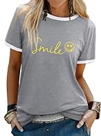 Material: Made from 95% Cotton and 5% Spandex, Super Soft and comfortable. Features: Smile Letter Print, Funny Smile Face Graphic Print, Round Neck, Short Sleeve, Regular Fit, Casual Style. Occasion: Daily Wear, Shopping, Holiday, Travel, Vacation, B...