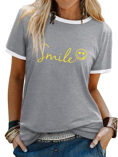Dresswel Tshirt Damen Smile Druck T-Shirt Rundhals Kurzarm T Shirts...