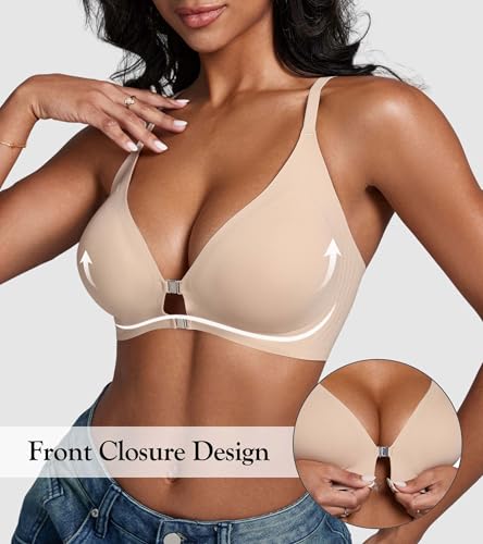 Image of DEANGELMON Front Closure Bras for Women Racerback Bra No Underwire Seamless Push Up T-Shirts Bras Supportive Womens Bralettes