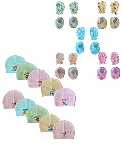 Image of New Born Baby Itch Free Feel Free Printed 100% Cotton Monkey Cap (Pack Of 10) Boot And Glows Set Combo (Set Of 5,0To3 Months),Assorted