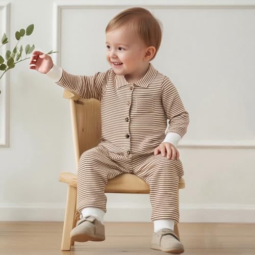 Newborn Baby Boy Clothes Stripe Collared Romper Waffle Knit Long Sleeve Button Up Jumpsuit Bodysuit Fall Winter Outfit2
