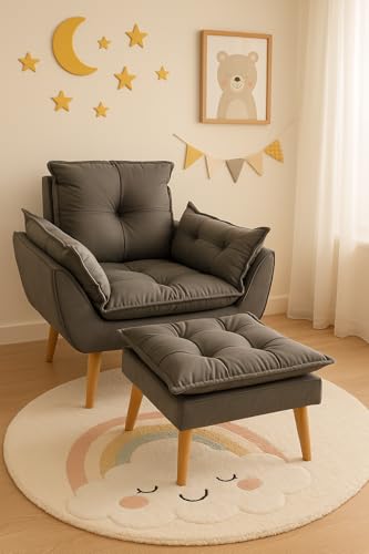 Poltrona Amamentação Luxo Suede Cinza com Puff Decorativa Confort...