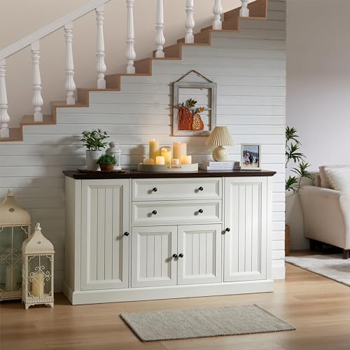 Ifget SYA23019 Farmhouse 58 Inch Buffet Cabinet With Storage, 34 Inch Tall Coffee Bar Cabinet W/2 Large Drawers & 4 Grooved Barn Doors, Wood Rustic Sideboard Buffet Cabinet thumb #6