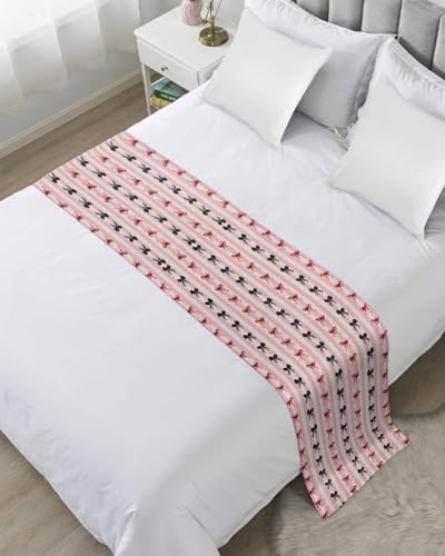 Twin Bed Runner Sweet Pink Black Bow on Linen Bedding Runner Scarves Decorative Bed Scarf, Abstract Stripe Soft Bed Runners for Bedroom Hotel Wedding 71x20IN