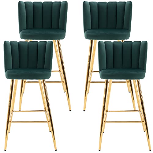 Velvet 30" Bar Height Barstools Set of 4 Modern Kitchen Stools Upholstered Counter Stool Chairs with Gold Legs for Kitchen Island/Breakfast Bar/Restaurant, Green
