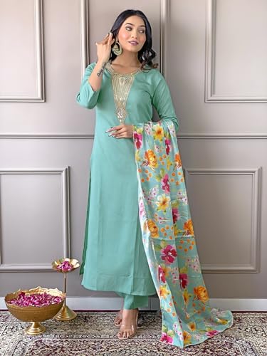Image of Naixa Women's Rayon Embroidery Printed Straight Kurta with Pant and Dupatta Sets for Wedding Party and Festival Wear (NX3 508-Firoji-XS)