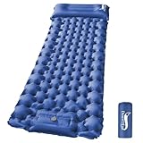 DesertFox エアーマット キャンプ マット【60s膨らむ･約10CM厚さ】足踏み式 無限連結可能 厚手 車中泊 防災 枕付き 超軽量 コンパクト 防水防潮 持ち運び便利 簡単収納 お花見に 登山 テント用 キャンプ用品 収納袋付き(紺色)