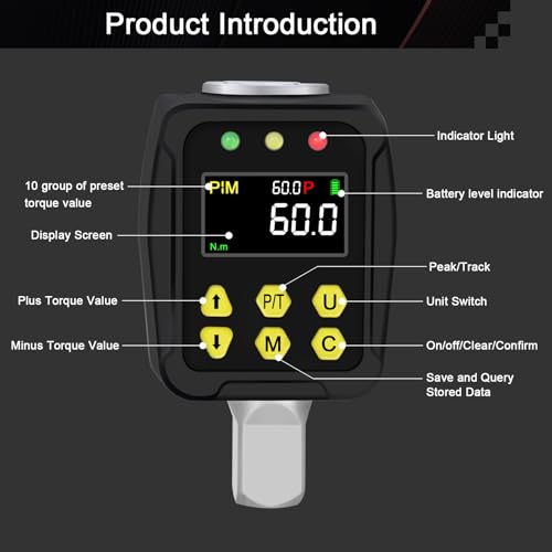 Uharbour Digital Torque Adapter 1/2 Inch 3-60 Nm, Torque Wrench Digital with LCD Display, PEAK/TRACK Mode - Image 2