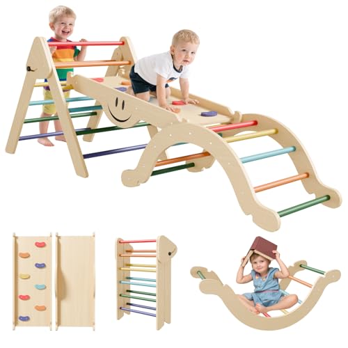 BIERUM Pikler Triangle Set - 8 in 1 Toddler Climbing Toys Indoor Wooden, Montessori Pickler Climbing Set with Ramp, Foldable Baby Climbing Gym, Rainbow