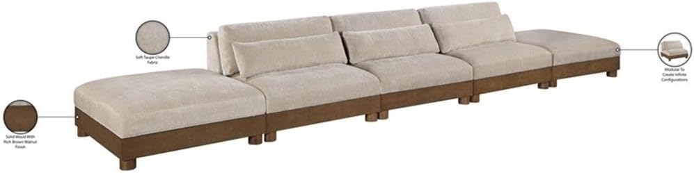 BOWERY HILL Contemporary 200" Modular Sofa, Taupe Chenille Fabric, 5-Piece Set with 3 Armless Chairs and 2 Ottomans, Art Deco Design, Rich Brown Walnut Finish, Solid Wood Frame, Versatile Living Room