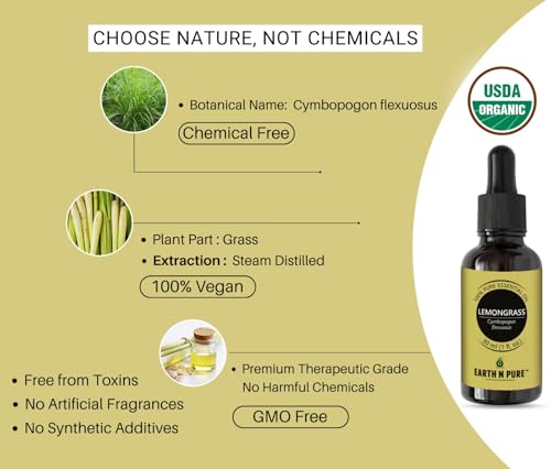 Image of Earth N Pure Lemongrass Essential Oil | Steam Distilled | for Home Diffuser, Skin & Hair Care | with Glass Dropper -100 ML