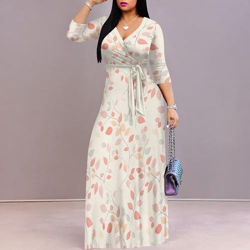 Image of PinkPatty Plus Size Maxi Dress for Women Casual V Neck 3 /4 Sleeve Boho Printed Long Dress with Pockets