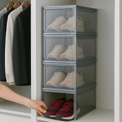 Image of Go Hooked Grey Shoe Box with Magnetic Front Door Stackable Sneaker Display Box & Organizer Pack of 1 - Acrylic Dustproof Shoe Storage Cabinet Transparent Shoe Rack & Sneaker Crate for Home or Display