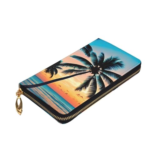 Sunset Ocean with Tropical Palm Trees Twilight Scenery Prints Leather Long Clutch Wallet for Fashionable Girls and Women - Durable, Stylish, and Functional, Black, One Size3