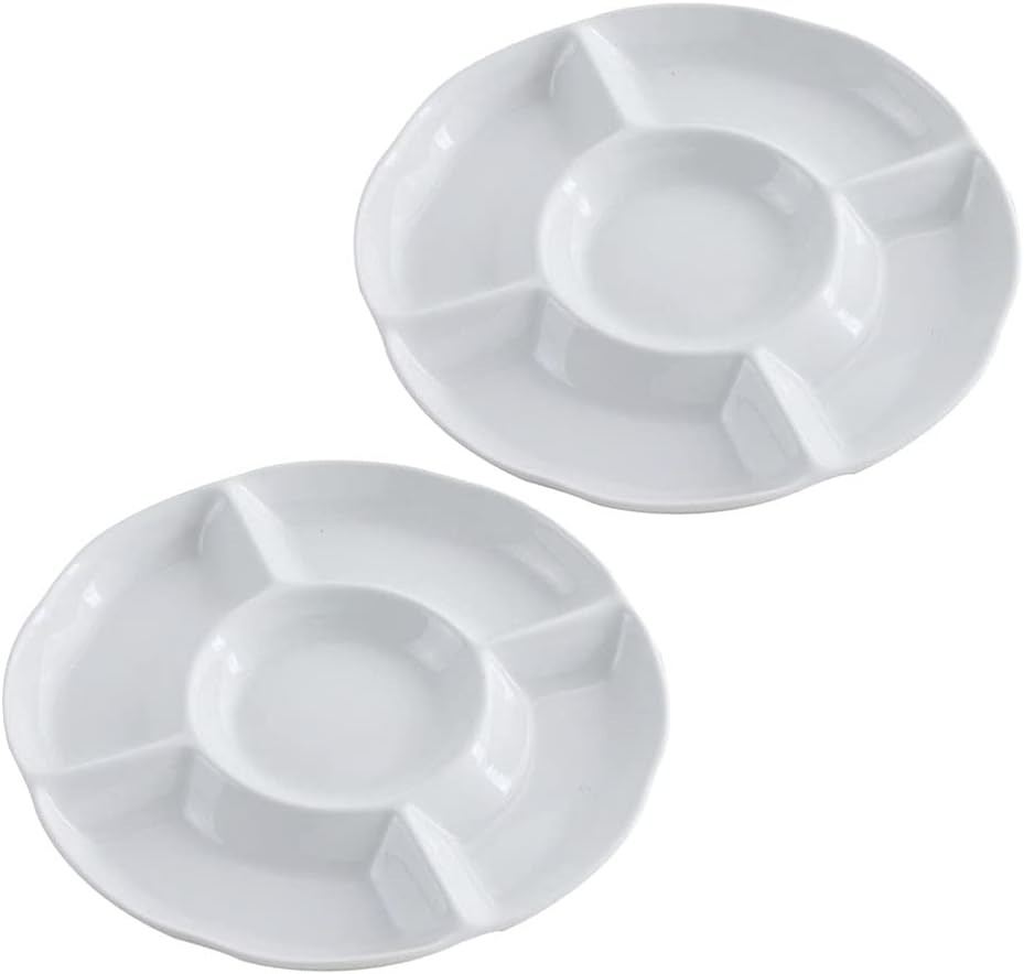 DOITOOL 2pcs Divided Serving Dish Porcelain Round Relish Platter Tray Appetizer Compartment Bowl for Chips Dip Veggies Candy Snacks