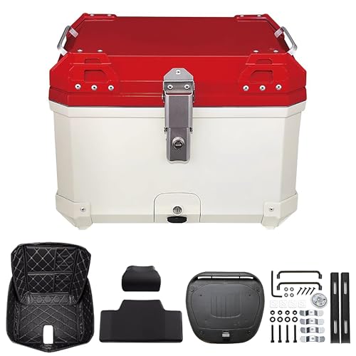 QIYAONUO バイク リアボックス トップケース 45L大容量 タッチライト小型付き 革の内張付き 取り付けベース付き バックレスト付き 着脱も簡単 旅行 キャンプ 防水 (アイボリー・ファイアーレッド)