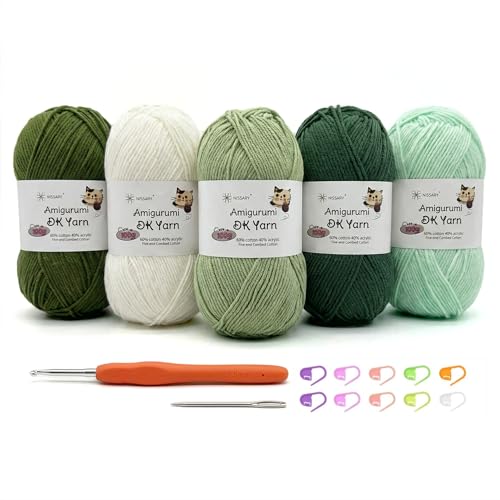 Nissary Crochet Yarn 5x100g Yarn for Crocheting & Knitting 60% Cotton + 40% Acrylic Crochet Wool DK for Beginners with 2.5 mm Hook and Accessories Perfect for Amigurumi and Craft Green