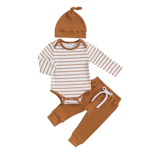 Image of Newborn Baby Boy Girl Outfits Long Sleeve Striped Ribbed Knitted Romper Pants Hat 3Pcs Infant Fall Winter Clothes