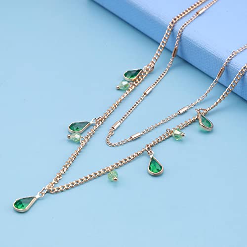 Inilbran Bohemian Layered Emerald Necklace Choker Green Crystal Dangle Necklace Teardrop Emerald Choker Necklace Gold Waterdrop Crystal Choker Necklace Jewelry for Women and Girls - Image 5