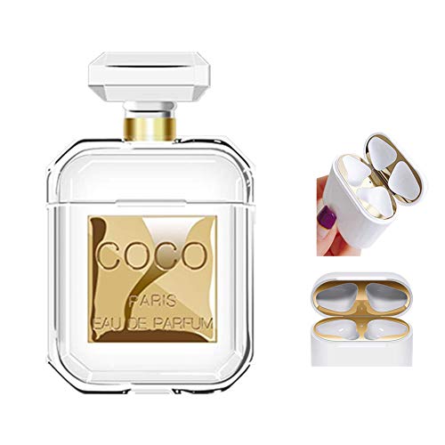 Lybenny Estuche Airpods para mujer Estuche para botella de perfume Piel clara a prueba de golpes con llavero Accesorios Airpods con una pegatina contra el polvo (Oro)
