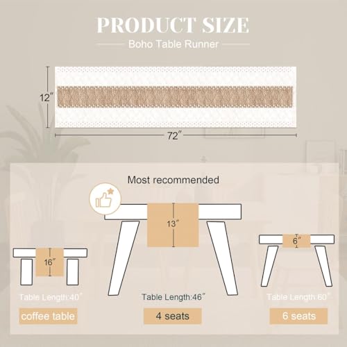 Image of FEXIA Boho Table Runner for Home Coffee Decor 72 Inches Long Farmhouse Rustic Table Runner Macrame Burlap Centerpieces for Tables Decoration for Kitchen Bedroom Decor Bridal Shower (12x72 Inches)