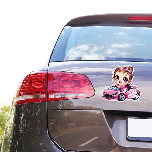 Image of Premium Baby On Board Signs, Car Essentials - Baby On Board Sticker - 1 Pack, 7 inch by 7 inch - Cute - Cartoon Safety Signs - Non Magnet - Durable Strong Adhesive (Pink Sport Car)