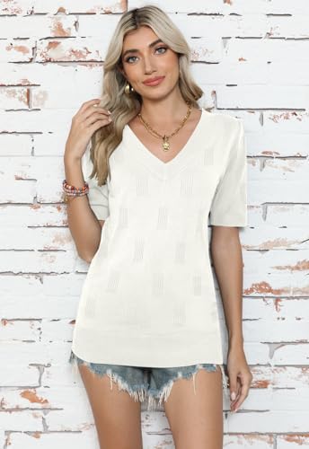 Image of Yincro Womens Short Sleeve Sweaters Fall Summer Tops V Neck Lightweight Knit Pullovers