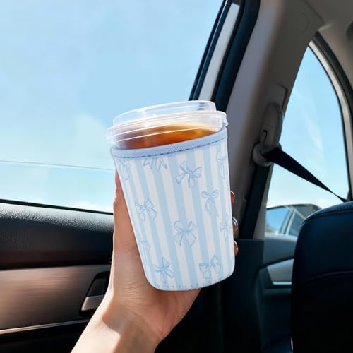 Image of Reusable Insulated Sleeve for Iced Coffee Cup, Coffee Neoprene Sleeve for Cold & Hot Drinks, Beverage Holder for Iced Coffee (Blue Stripe Bows, Small: 16-18oz)