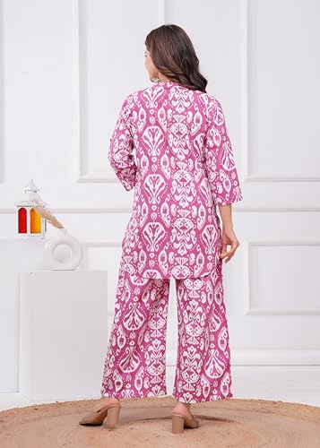 Image of Women's Pure Cotton Co-Ord Set | Three-Quarter Sleeves-Mandarin Collar Top & Palazzos | Printed Casual Wear Co-Ord Set for Women