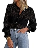 PRETTYGARDEN Women's Dressy Casual Lace Blouse Long Sleeve Button Up Shirts Tops Spring Fall Fashion Clothes (Black,Medium)