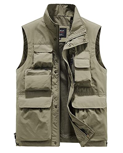 Oralidera Chalecos Deportivos para Hombre Aire Libre Viajes Bolsillos Múltiples Chaleco de Trabajo de Pesca Fotografía Chaquetas sin Mangas, A-Caqui, L