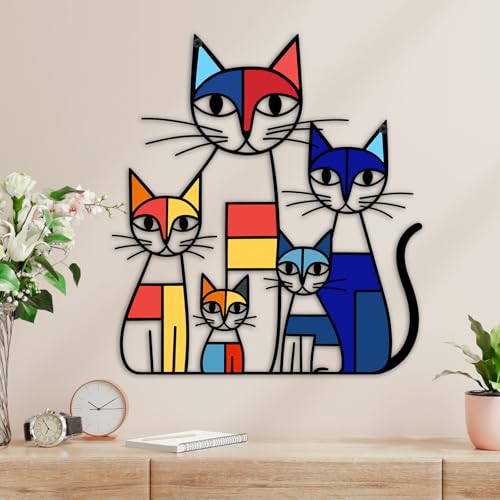 GUSFREUD Metal Cat Wall Art Decor – Mondrian Style Iron Cat Wall Decor, Colorful Geometric Cat Sculptures Home Decor, The Mewsons Family, 11.8 x 10.7 Inches