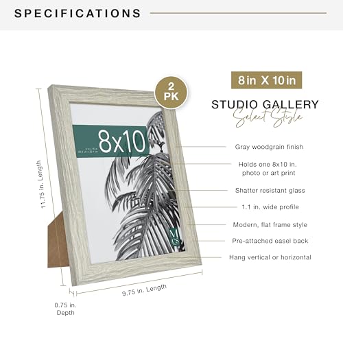 MCS Studio Gallery 8x10 Picture Frame Gray Woodgrain, Vertical & Horizontal Wall Hanging & Easel for Tapletop Display, Rectangle Photo Frame for Photos, Posters & Art Prints (2-Pack)