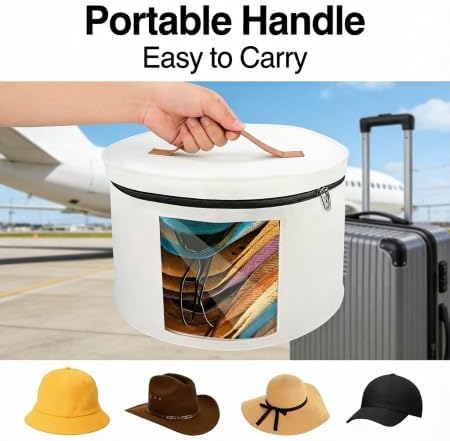 Hat Box for Men & Women, Foldable Stackable Travel Hat Storage Organizer with Clear Side Window, Heavy-Duty Felt & Zipper, Spacious 16.5''(41.9cm) D x 10.5''(26.7cm) H, Perfect for Round Brim, Cowboy,
