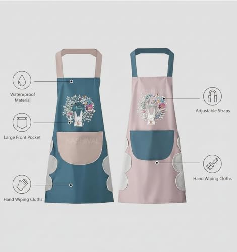 Image of KASHIVAL Waterproof Kitchen Apron for Women with Big Front Pocket & Integrated Hand-Wiping Towel, Oil-Proof Cooking Apron for Baking & Grilling, Stain-Resistant Multi Design