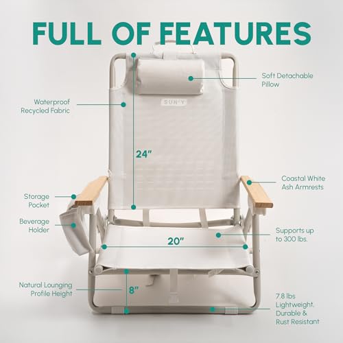 SUN'Y Escapes Backpack Beach Chair - Made w/Ocean Bound Plastics, Customizable w/MOLLE Accessories, Ultra Lightweight, Low-Seat Natural Comfort, Durable, Rust Free & Waterproof - Seashell White by SUN'Y - Used condition - Image 5
