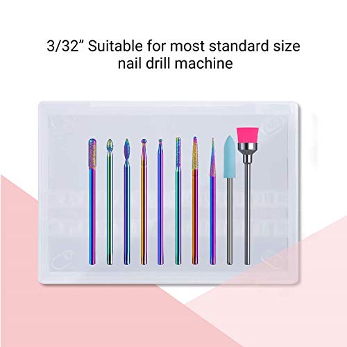 Melodysusie 10Pcs Nail Drill Bits Set, 3/32 Inch Diamond Cuticle Nail Bits Kit For Nail Drill E-File, Manicure Pedicure Remover Tools For Acrylic Gel Nails, Salon Home Nail Care Supplies, Rainbow #TOP6