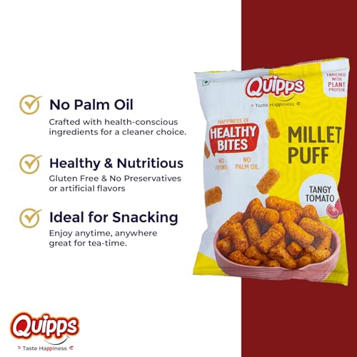 Image of Quipps Millet Puff Tangy Tomato Pack of 6, 60g Each | Non-Fried Puffed Millet Snack | Plant Protein Enriched | Gluten Free | No Palm Oil, No Artificial Preservatives | Light & Crunchy Snack for Office & Travel
