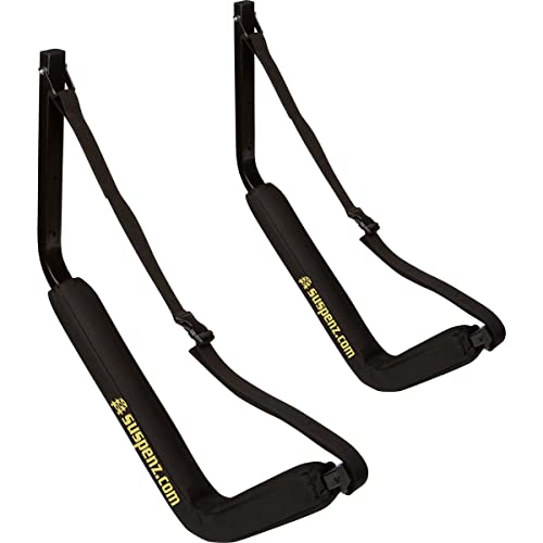 Suspenz Kayak Storage Rack, Big EZ Padded Wall Hangers/Hooks for Kayaks and Canoes, Indoor & Outdoor Wall Mounts, Foam Pads & Safety Straps, Holds up to 150 lbs, Black (12-0102)